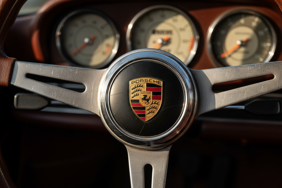 close-up of vintage porsche steering wheel, 
