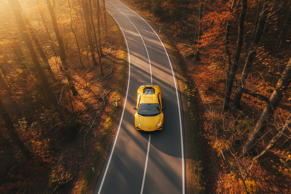 this angle, but make it more zoomed on the car, making it look a bit blurry, as if going at incredible speed